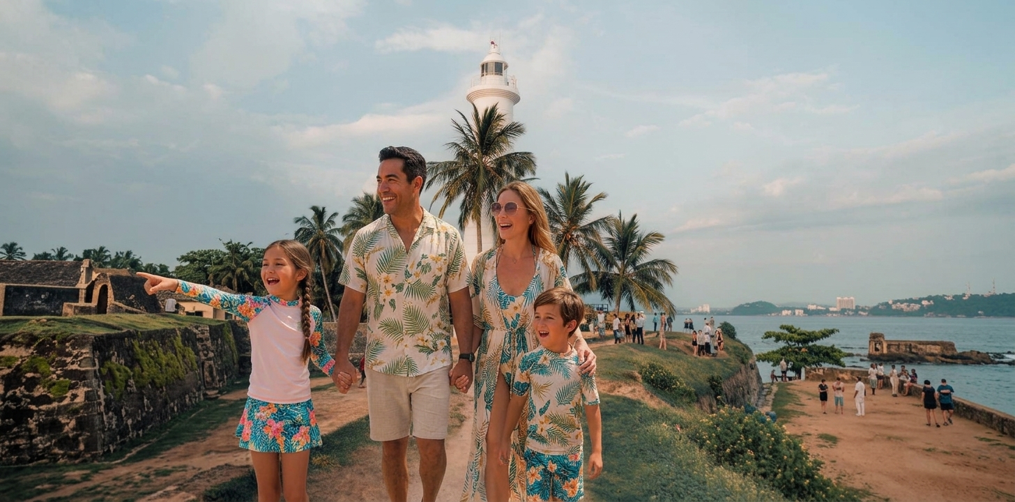 Family walking along the ramparts of Galle Fort near the lighthouse in Sri Lanka
