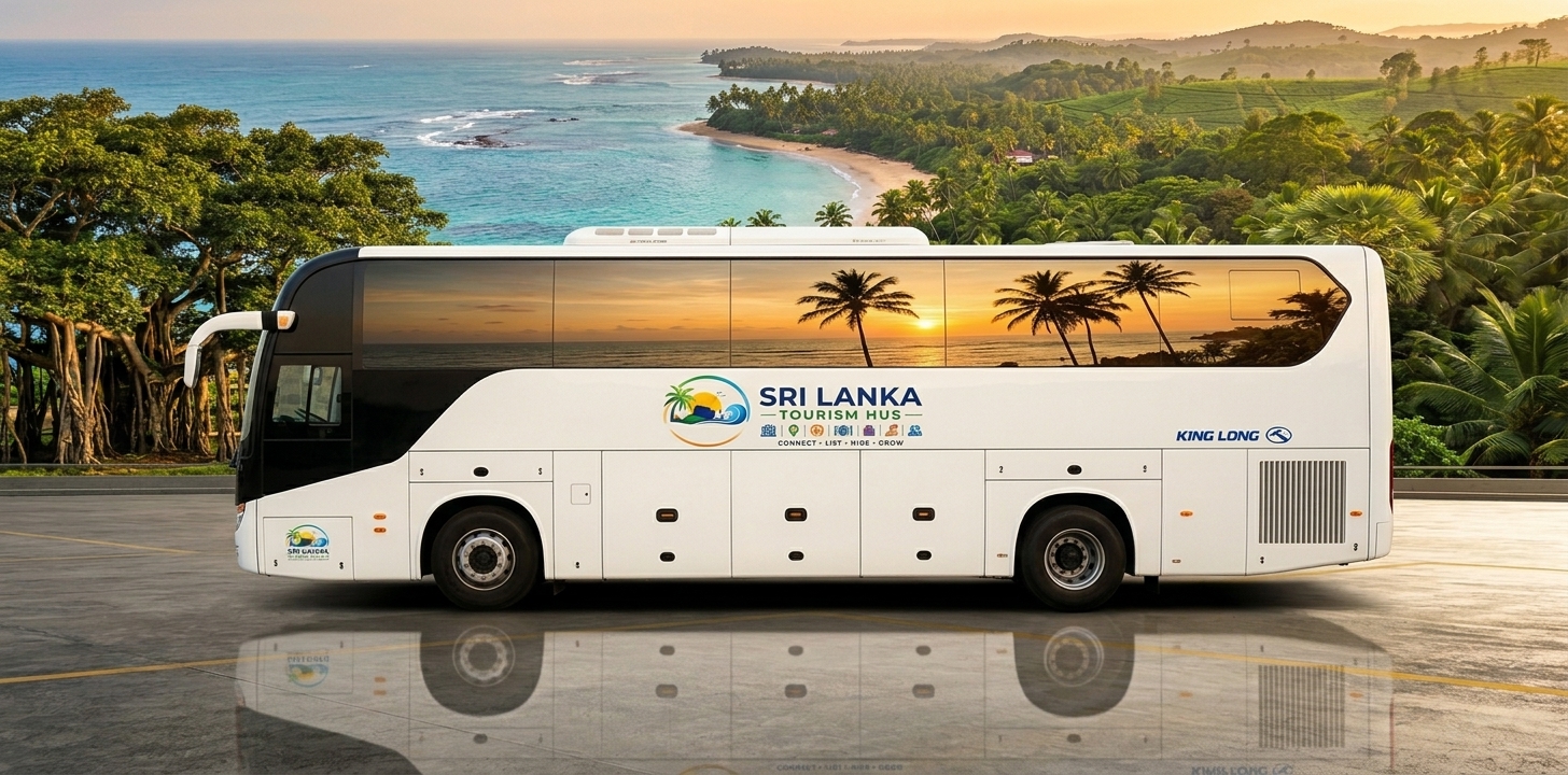 Sri Lanka Tourism Hub branded tour coach parked above a coastal viewpoint at sunset