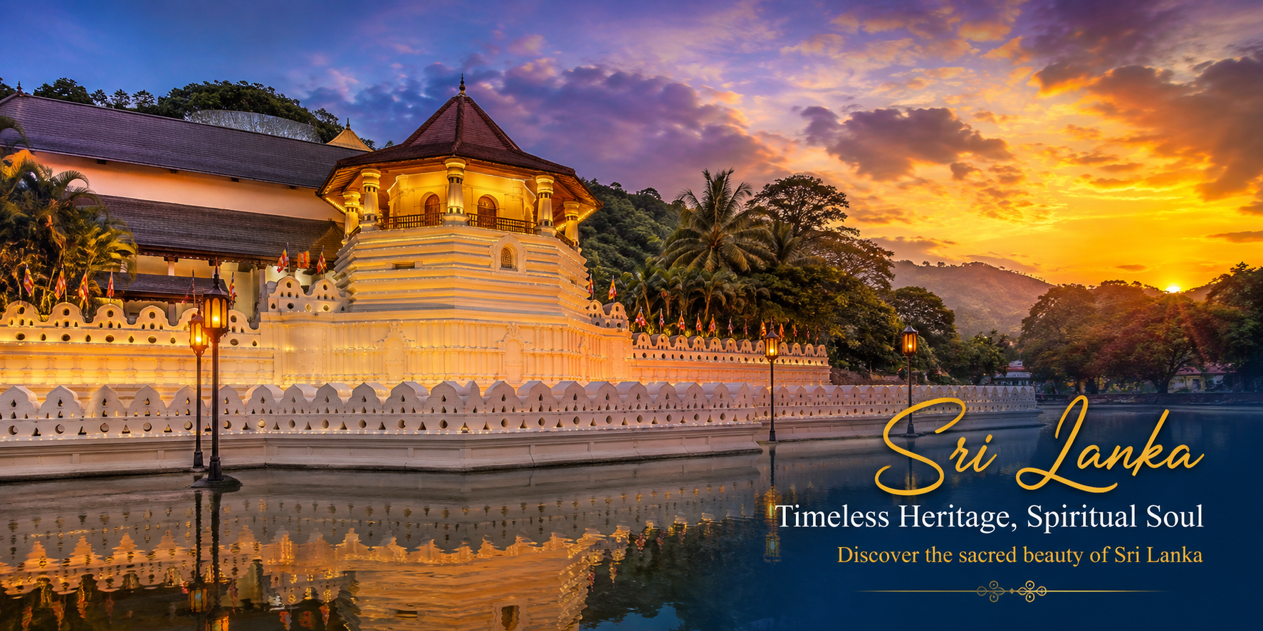 Temple of the Sacred Tooth Relic in Kandy, Sri Lanka illuminated at dusk