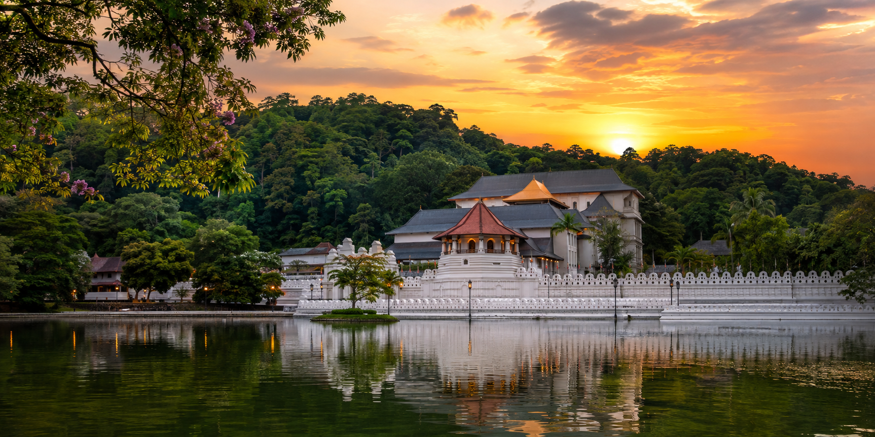 Temple of the Sacred Tooth Relic (Sri Dalada Maligawa) in Kandy, Sri Lanka at sunset